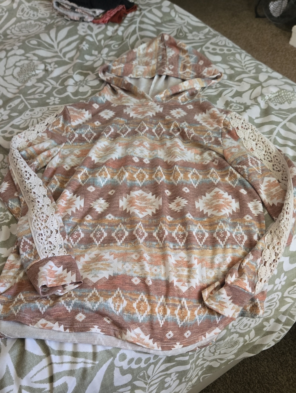 Womens Lace-Sleeve Hooded Top - Taupe Multi